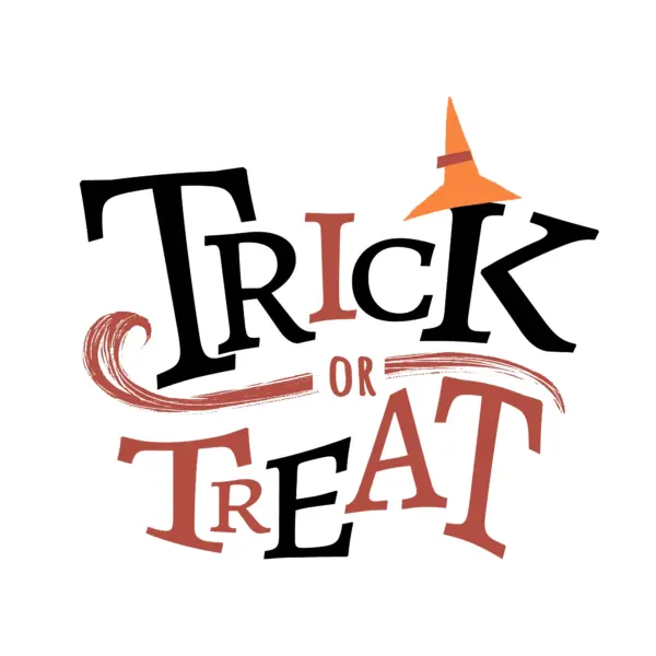 Halloween phrase decorated with witches’ hats design