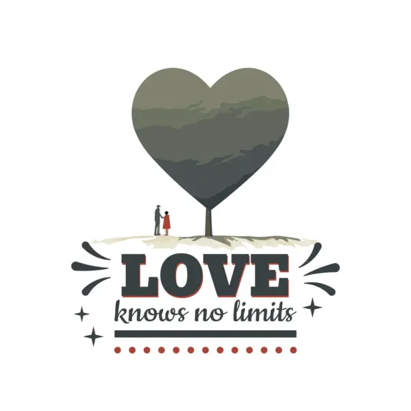 Couple with a giant heart accompanied by a phrase of love design