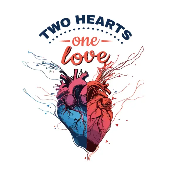 Two colored heart with love phrase design