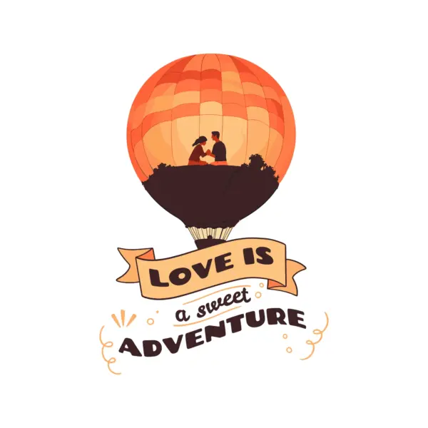 Hot air balloon with a couple and a love and adventure phrase design