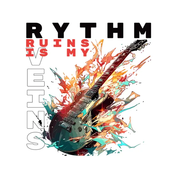 Electric guitar expelling power accompanied by a word design