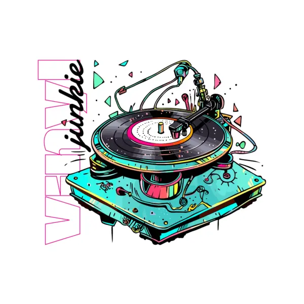 Plays colorful vinyl records accompanied by a musical phrase design