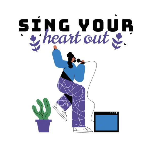 Girl singing with a microphone connected to a sound speaker design