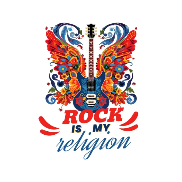 Guitar surrounded by flowers and wings design