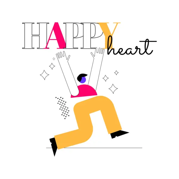 Happy girl jumping and raising her hands with happy phrase design