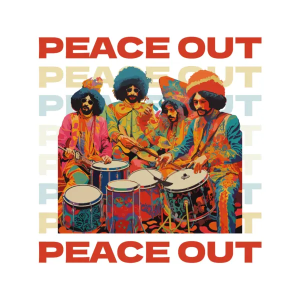 Band of hippies with colorful dresses and peace phrase design