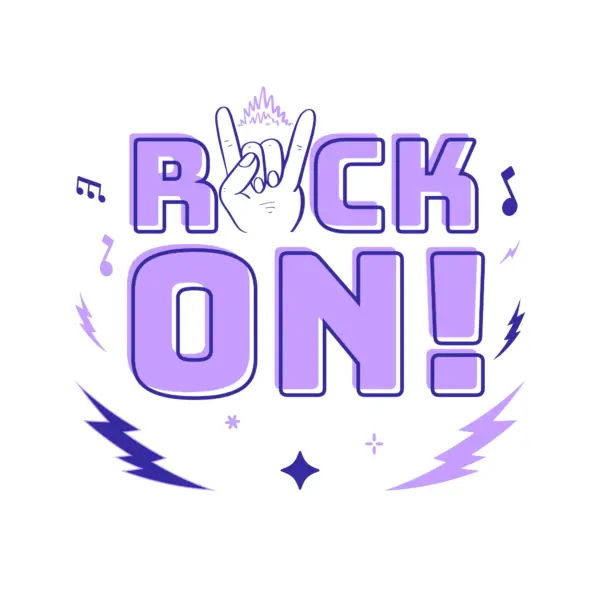 Rock phrase with a hand doing the Maloik accompanied by lightning bolts design