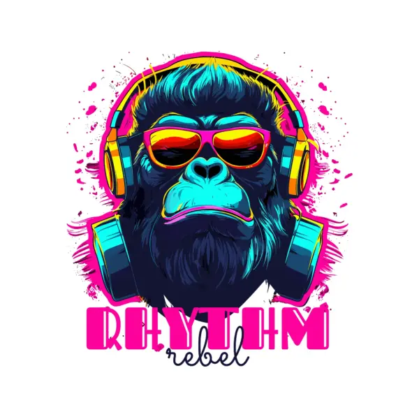 Gorilla with party glasses accompanied by headphones and musical phrase design