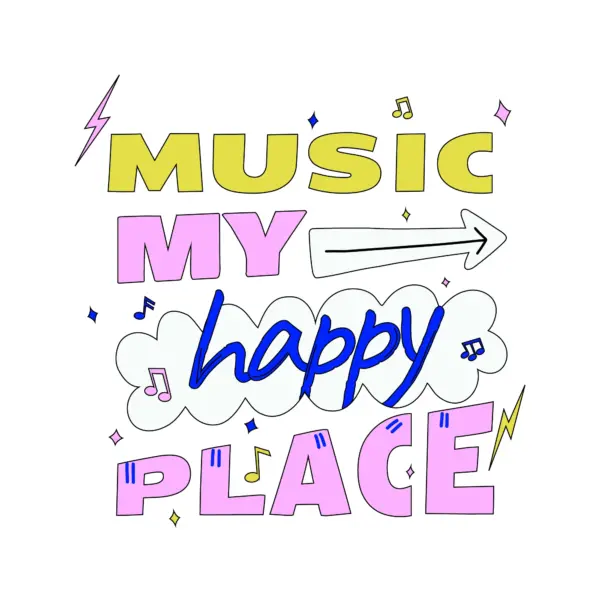 Musical phrase decorated with flashes, musical signs, clouds and lightning bolts design