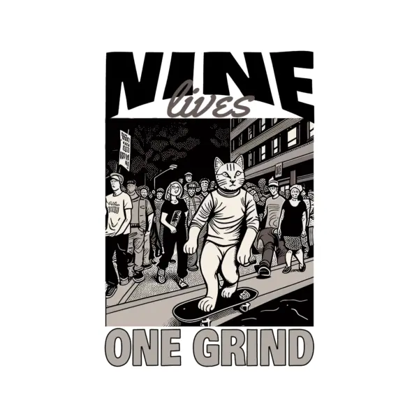 Cat riding a skateboard while people look at him design