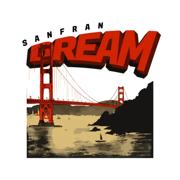 Silhouette of the golden gate, accompanied by mountains and ships design
