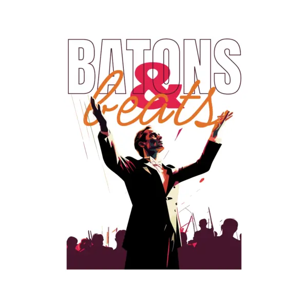 Symphony conductor raising hands with silhouette of musicians in background design