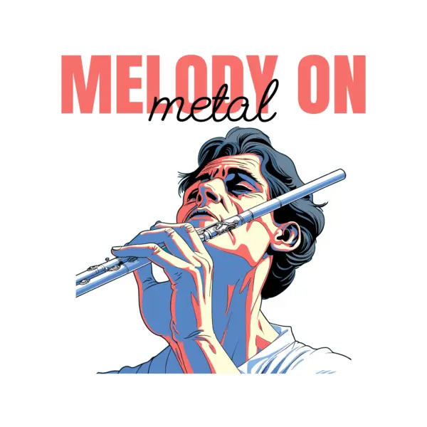 Man playing a flute accompanied by a phrase design