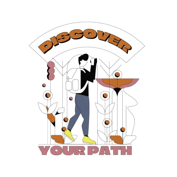 Girl observing with binoculars while looking at the horizon with a travel suitcase design