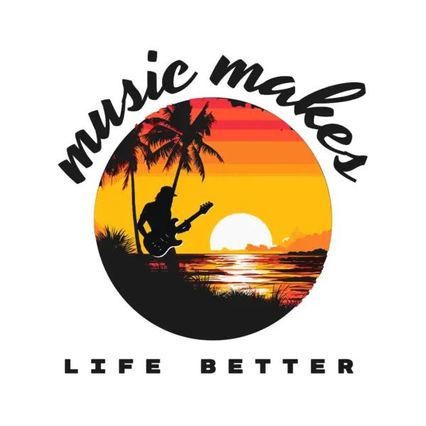 silhouette of a man playing an electric guitar on a beach with the sun, palm trees and sea in the background design