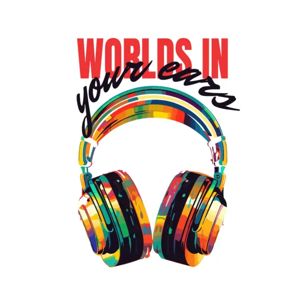 Multicolored headband headphones decorated with a musical phrase design