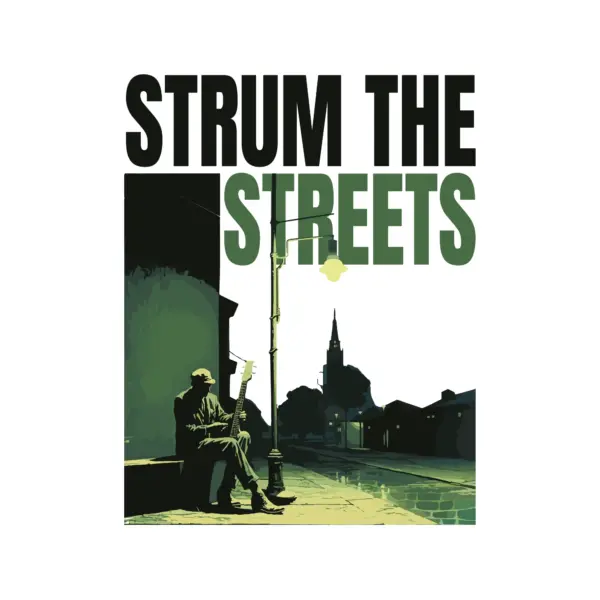 Lone musician playing guitar under a street design