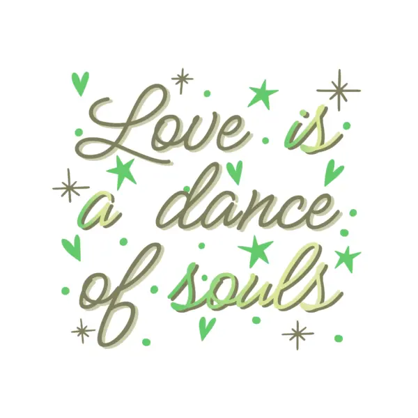 Love phrase in green handwritten font accompanied by hearts and stars design