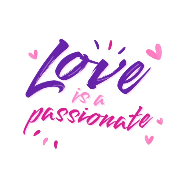 Love phrase with a handwritten font in purple and pink accompanied by hearts and sparkles design