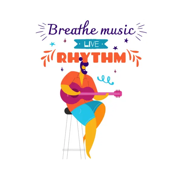 Seated man playing a guitar accompanied by a musical phrase design