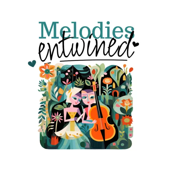 Musical duet playing a cello in a colorful jungle design