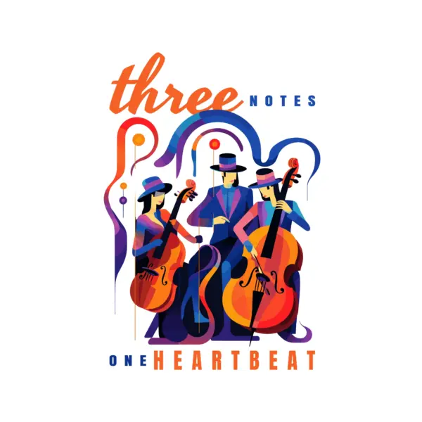 Musical trio playing a melody accompanied by a musical phrase design