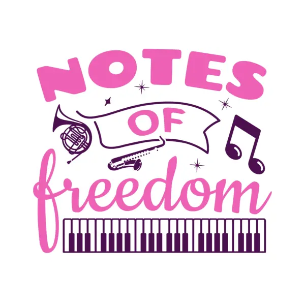 Musical phrase decorated with a saxophone, piano keys and musical signs design