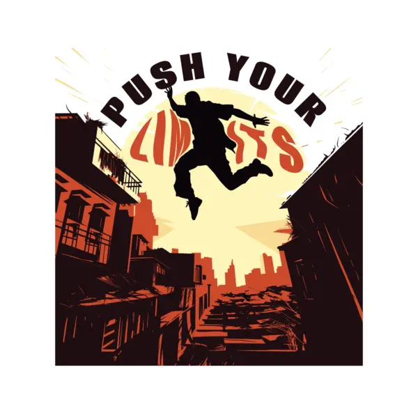 Parkour silhouette jumping over rooftops design