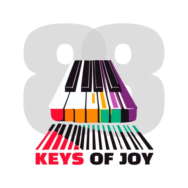 Piano keys with different colors accompanied by a musical phrase design