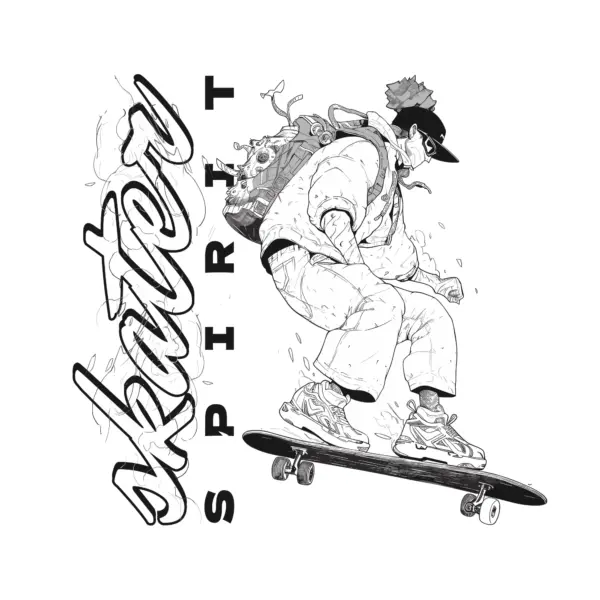 Skater drawn in black and white accompanied by a sentence design