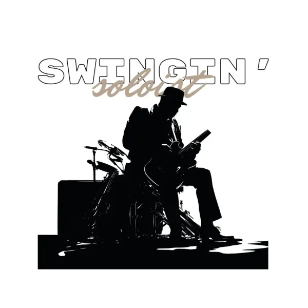 Silhouette of a seated jazz guitarist with hat design