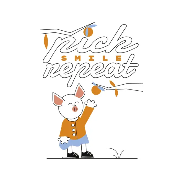 Small pig taking an orange from a branch design