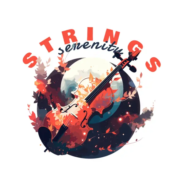 Musical phrase decorating a violin accompanied by the moon and tree leaves design