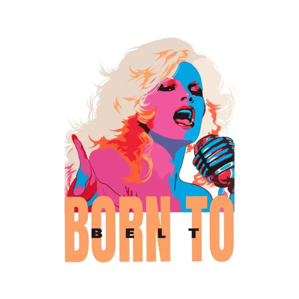 Girl holding a microphone accompanied by a musical phrase design