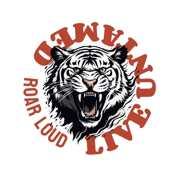 White tiger roaring with letters on orange background design