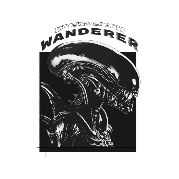Alien showing its creepy teeth in black and white design