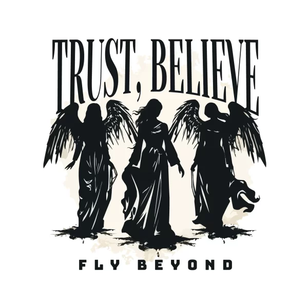 Silhouette of angels in black accompanied by a phrase