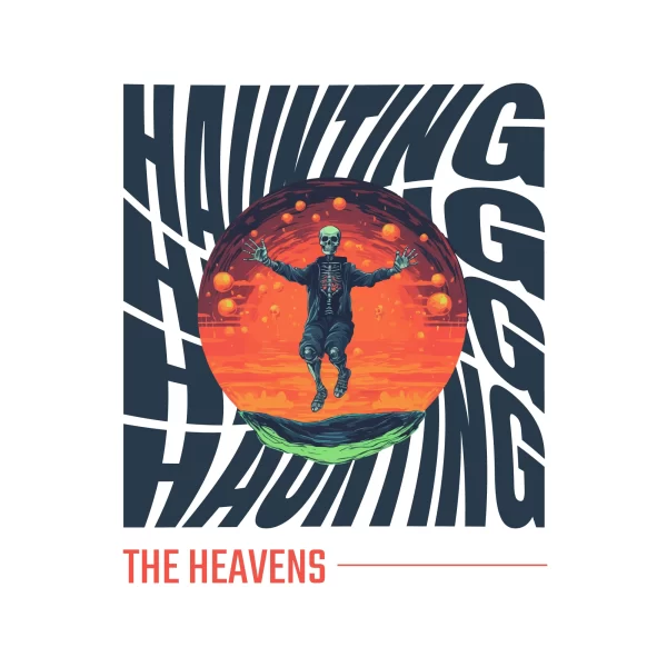 Skeleton in hell floating on lava accompanied by a phrase design