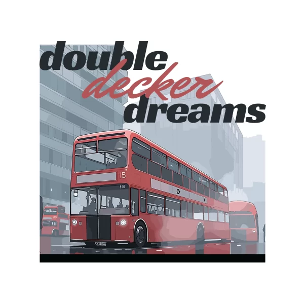 Iconic London buses accompanied by text design