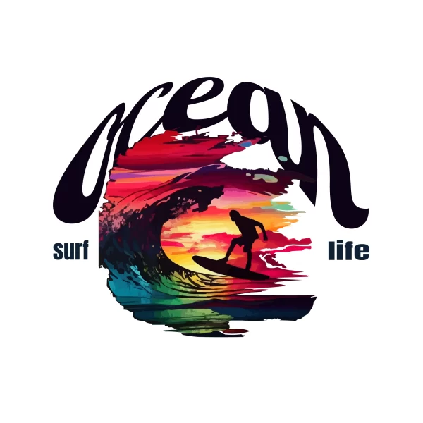 Man surfing on giant waves in a colorful sunset design