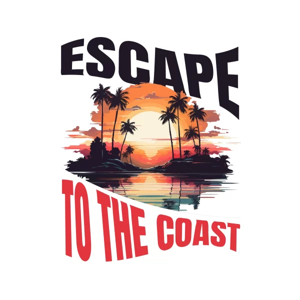 Large beach with palm trees, sea and a sunset on the horizon design