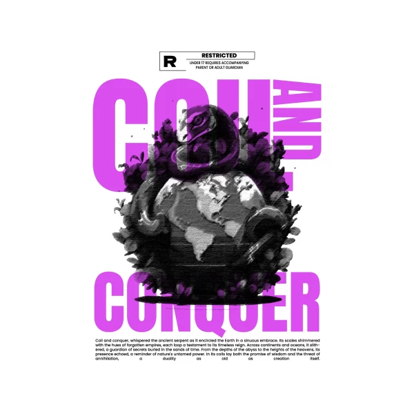 Giant snake surrounding the world in black and white with phrase in pink design