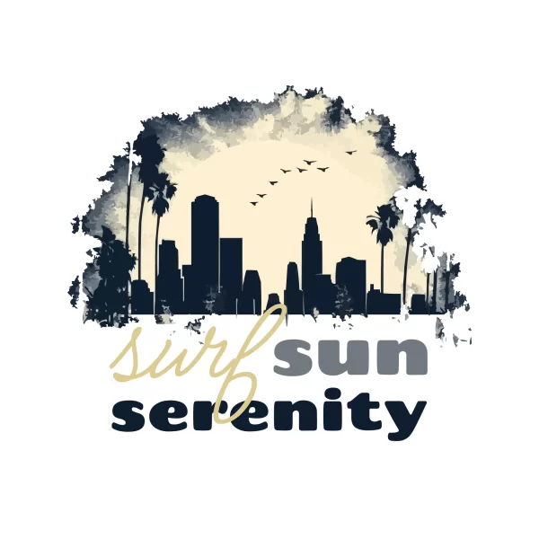 City silhouette with birds flying over the city accompanied by a phrase design