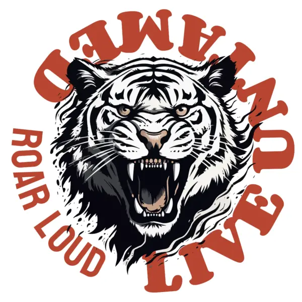 White tiger roaring with letters in circular style design
