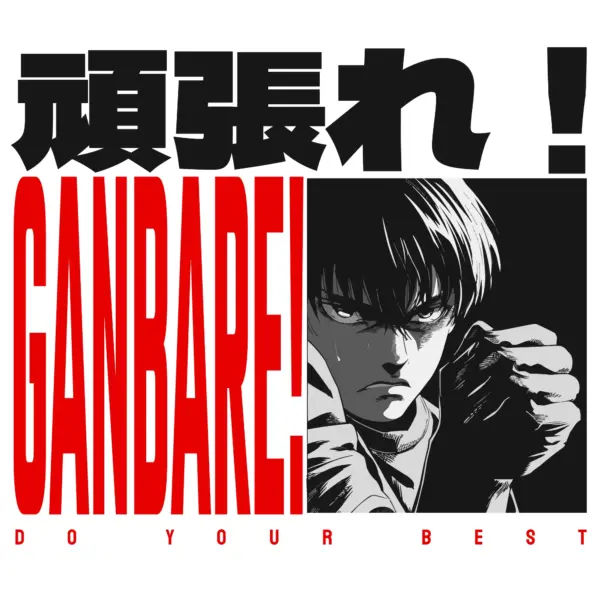 Anime character fighting with typical Japanese phrases design