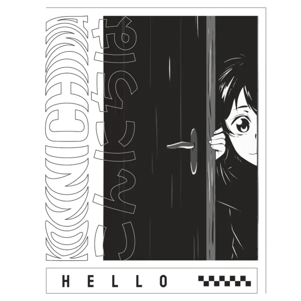 Anime character opening the door decorated with Japanese letters design