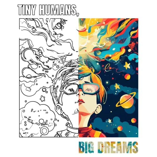 Child watching an explosion of dreams in color and black and white design