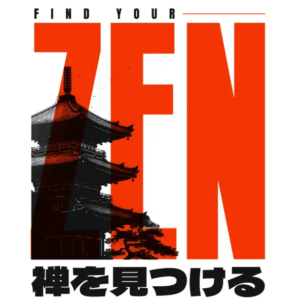 Chinese pagoda building with zen phrase and Japanese characters design