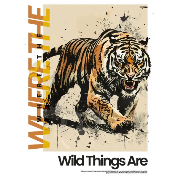 Jungle tiger in attack mode with particles around decorated with phrases design