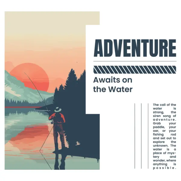 Man fishing in a lake with a sunrise behind the mountains design